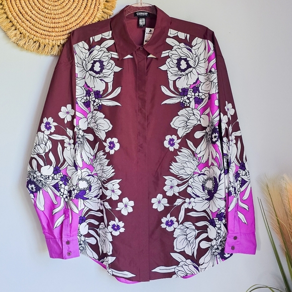 EXPRESS New Boyfriend Portofino Burgundy Floral Button Front Shirt SZ Medium - Picture 2 of 14